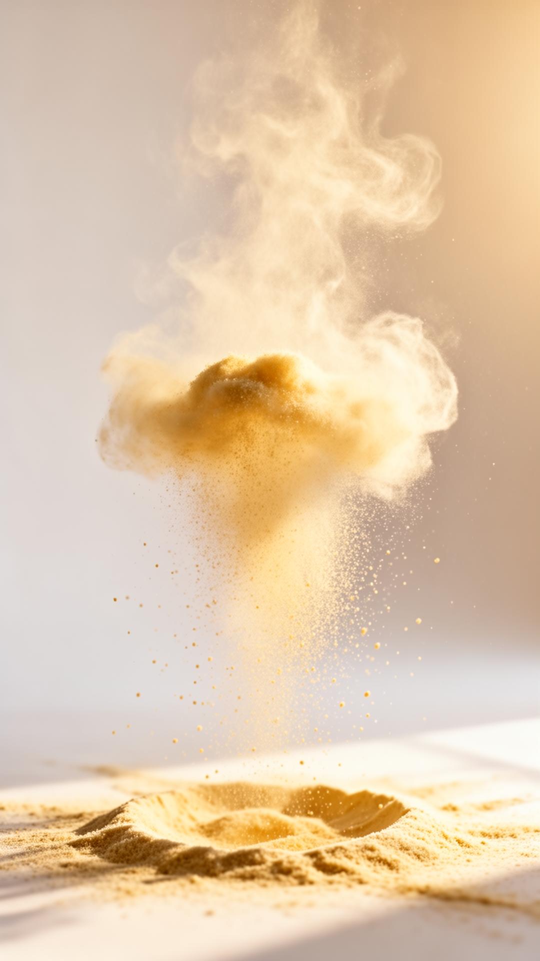 A cloud of semolina flour suspended in golden window light