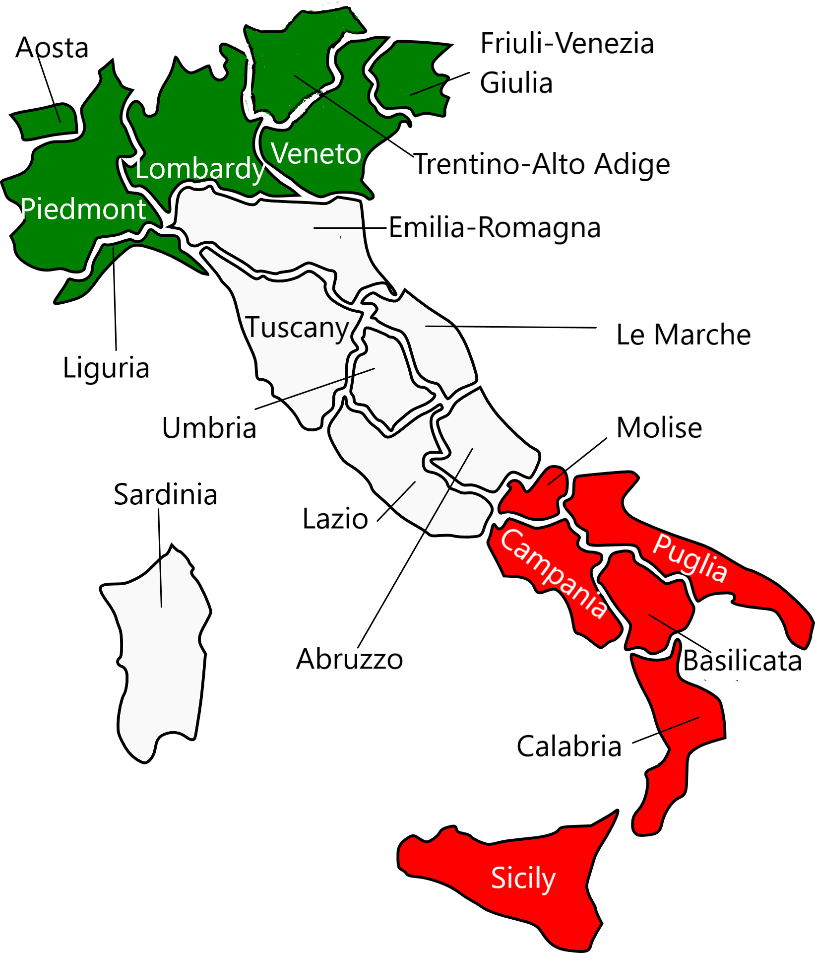Map of Italy with 20 regions