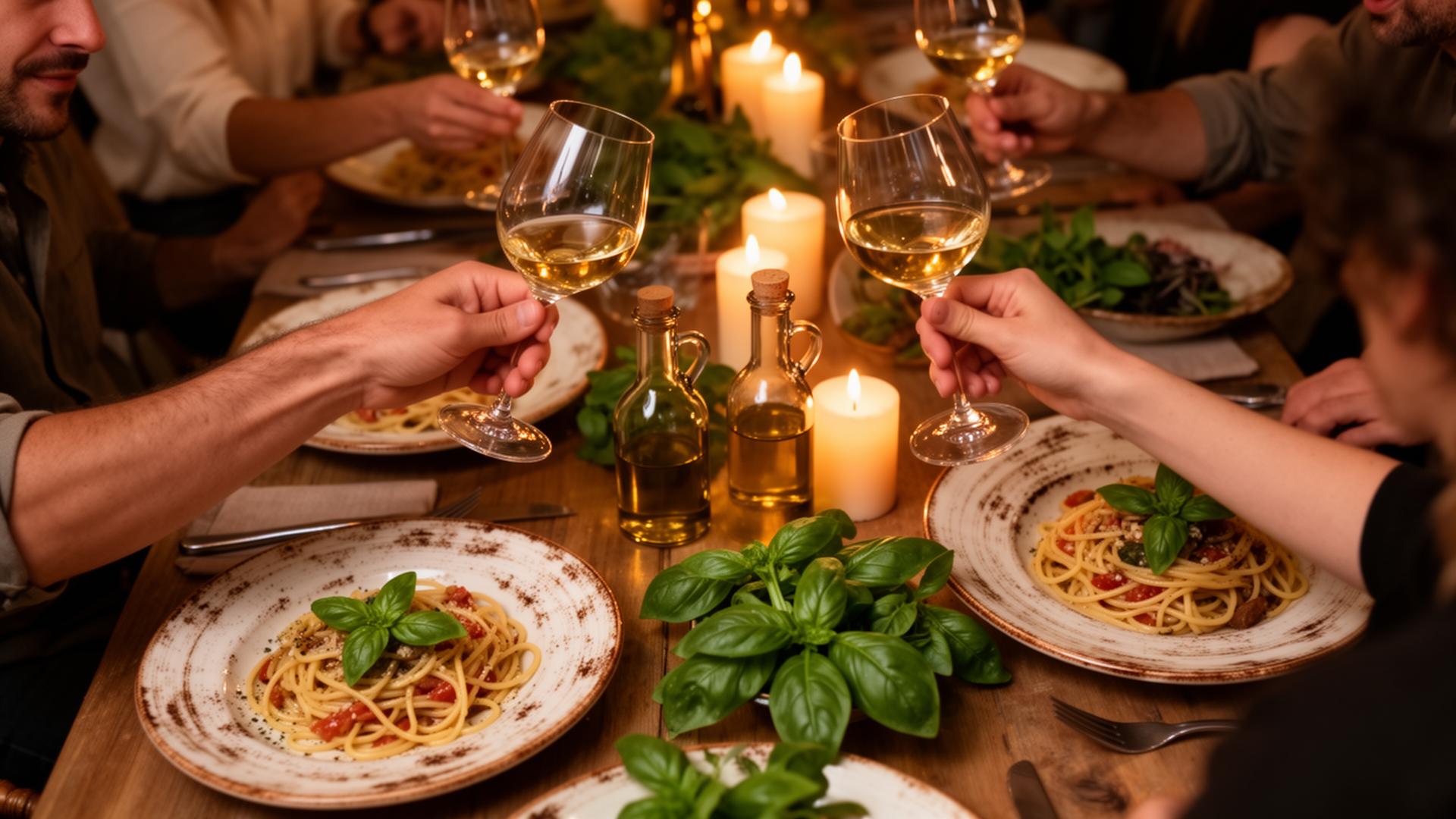 Candlelit Italian dinner with wine being raised in a toast